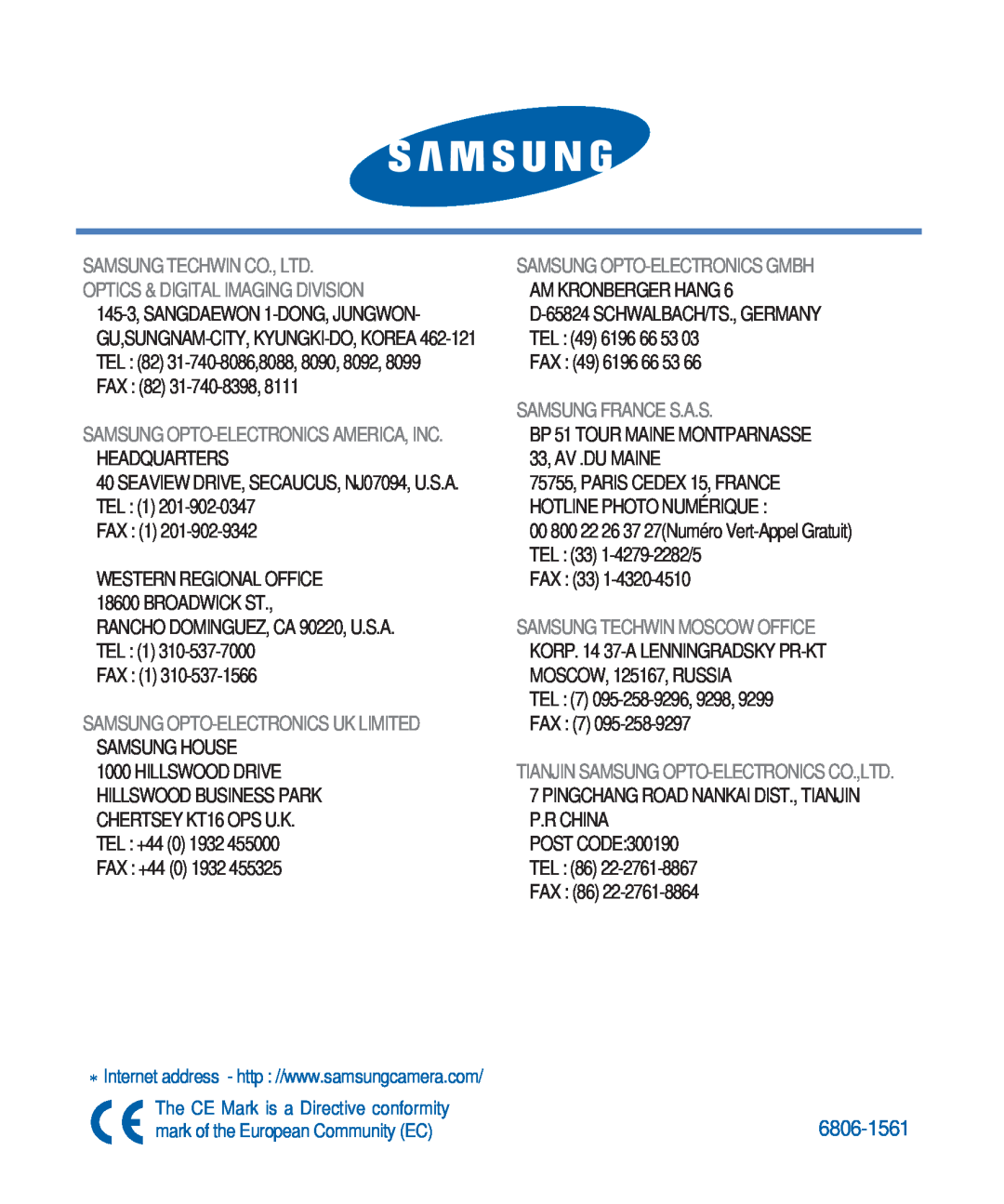 Samsung 420 manual 6806-1561, Samsung Opto-Electronics America, Inc. Headquarters, Samsung France S.A.S 