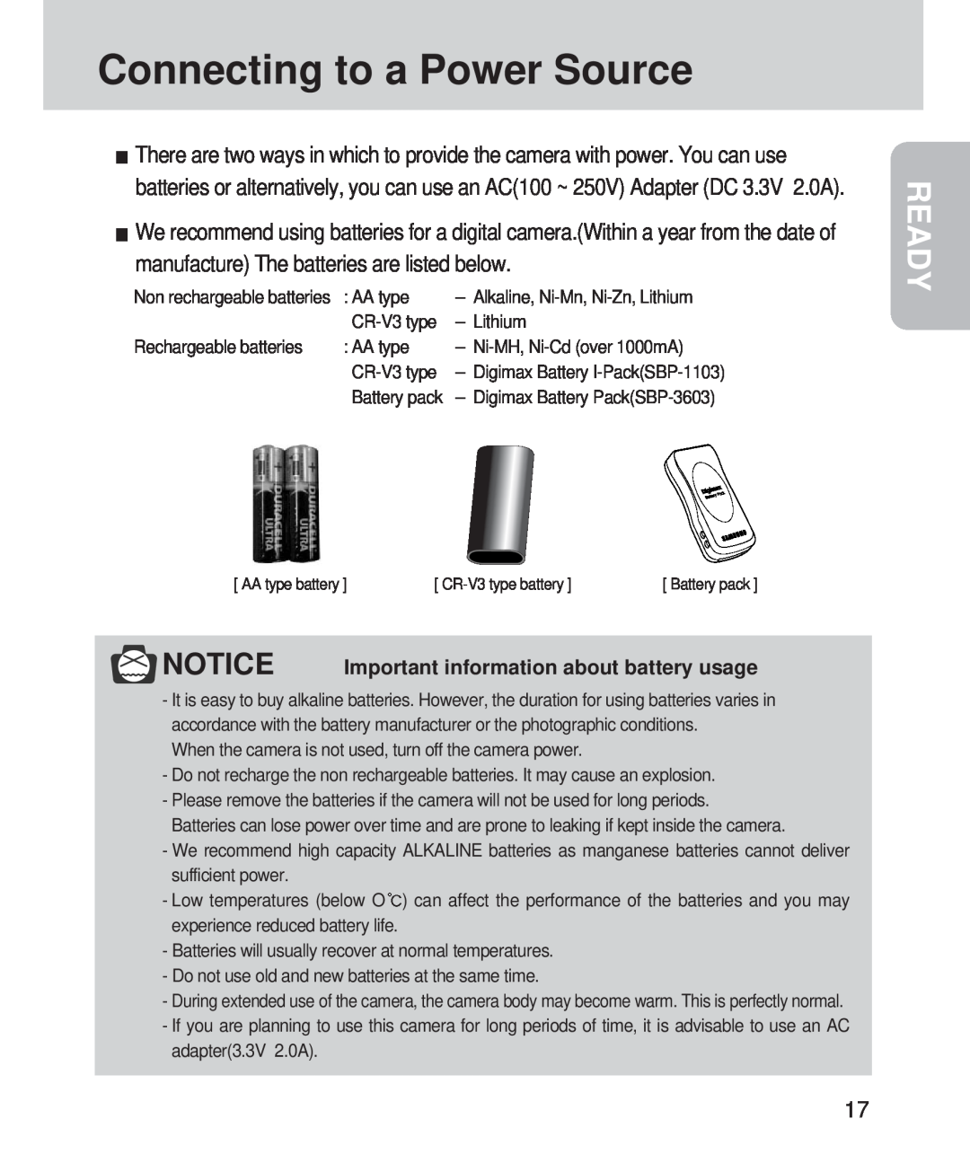 Samsung 420 manual Connecting to a Power Source, Important information about battery usage, Ready 