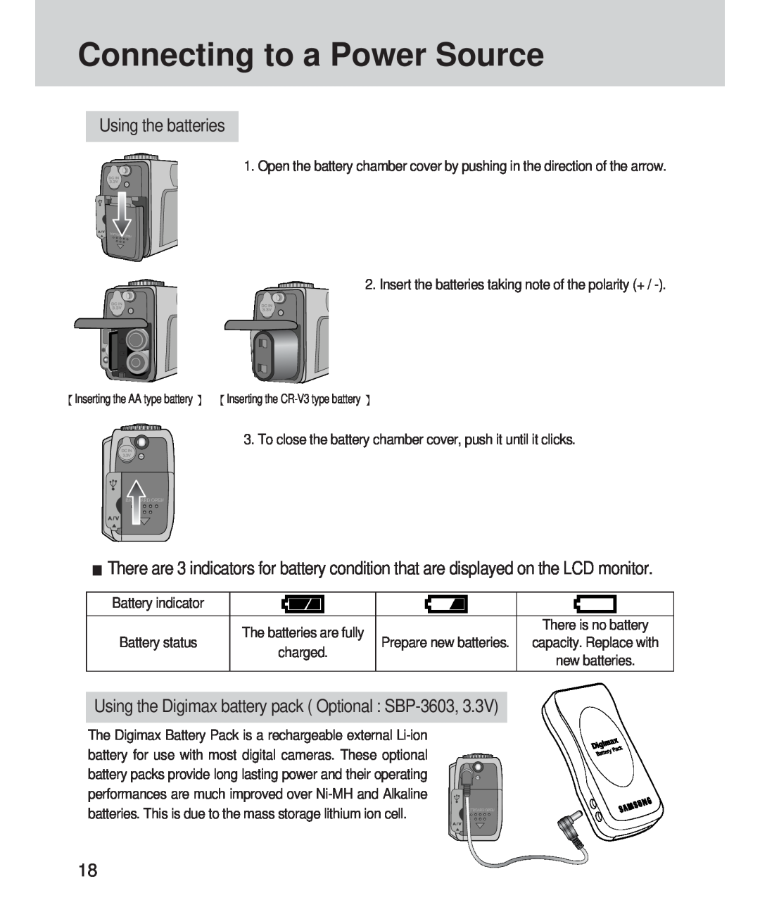 Samsung 420 manual Using the batteries, Using the Digimax battery pack Optional SBP-3603, Connecting to a Power Source 