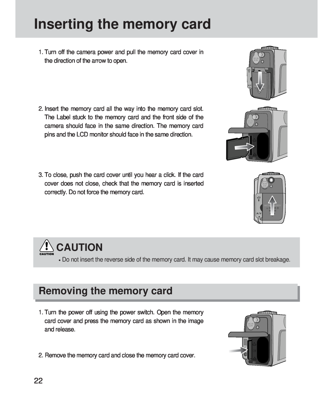 Samsung 420 manual Inserting the memory card, Removing the memory card 