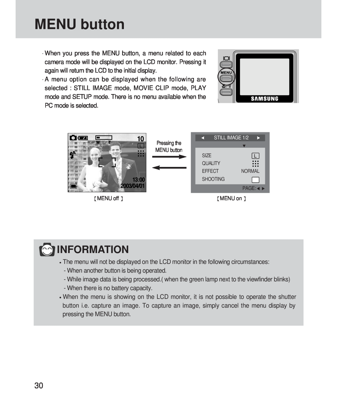 Samsung 420 manual MENU button, Information 