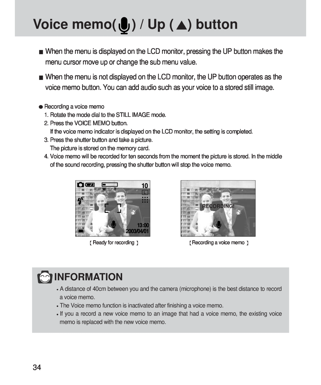 Samsung 420 manual Voice memo / Up button, Information 