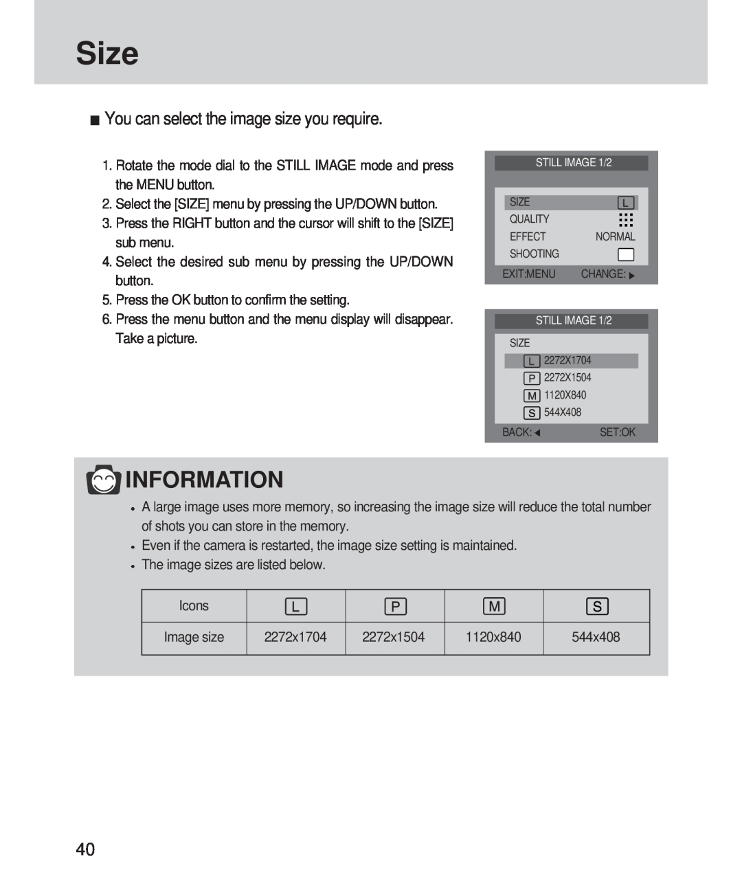 Samsung 420 manual Size, You can select the image size you require, Information 