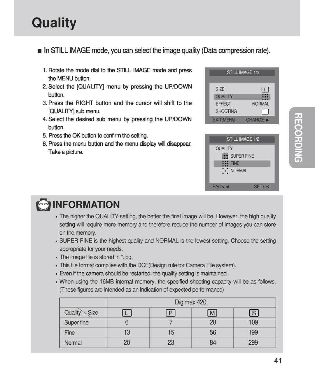 Samsung 420 manual Quality, Information, Recording, Digimax 