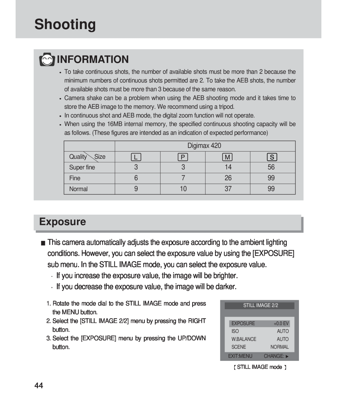 Samsung 420 manual Exposure, Shooting, Information, STILL IMAGE 2/2 