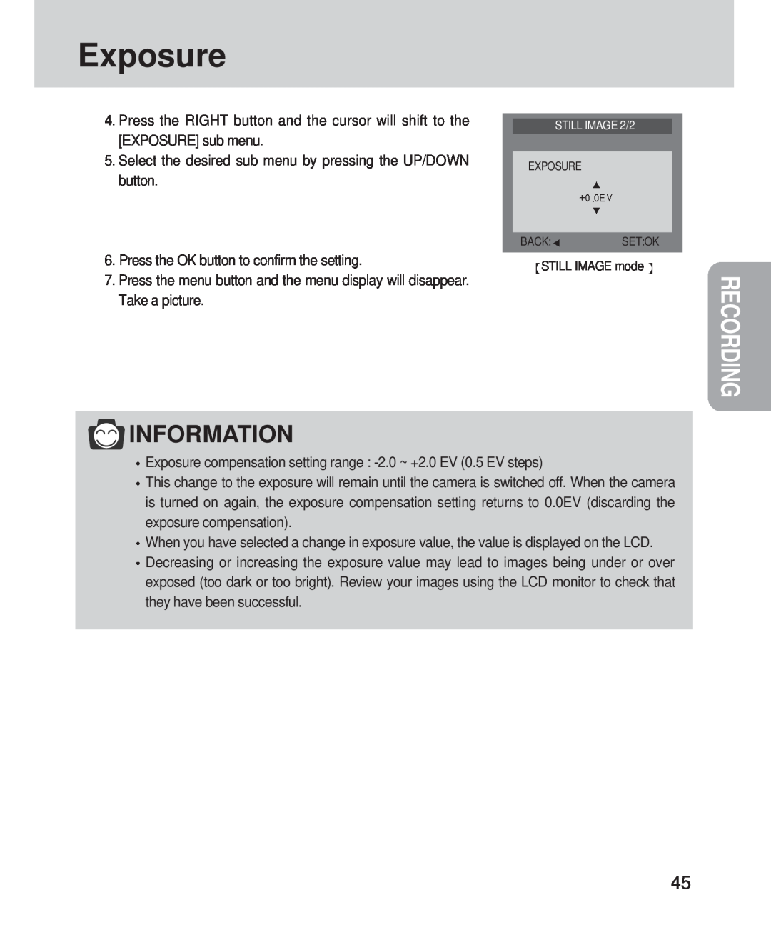 Samsung 420 manual Exposure, Information, Recording 