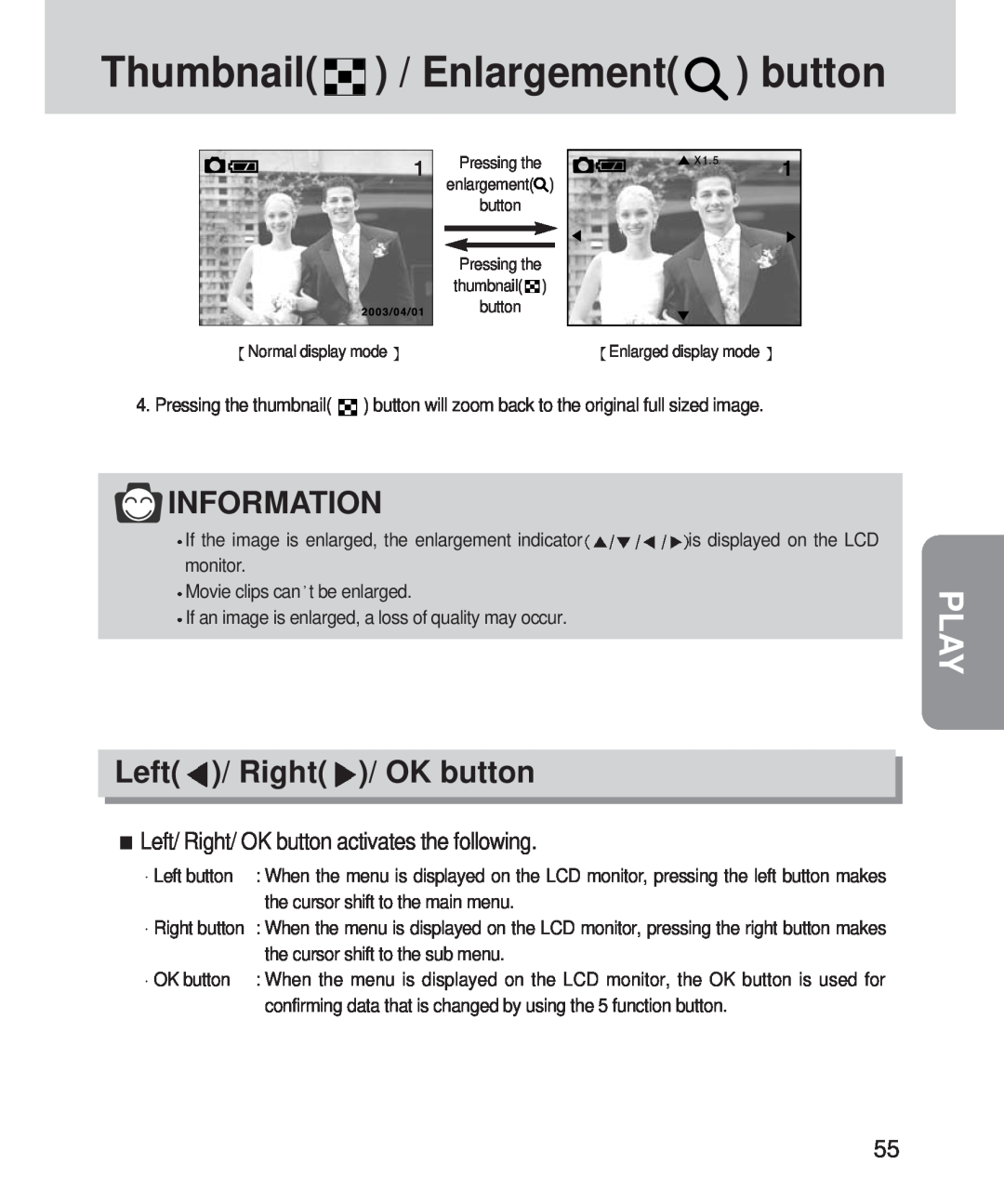 Samsung 420 Thumbnail / Enlargement button, Left / Right / OK button, Left/ Right/ OK button activates the following, Play 