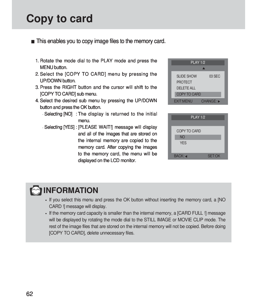 Samsung 420 manual Copy to card, Information 
