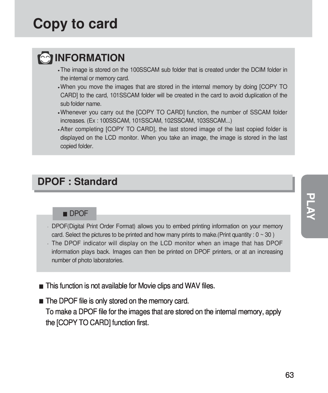 Samsung 420 manual DPOF Standard, Dpof, This function is not available for Movie clips and WAV files, Copy to card, Play 
