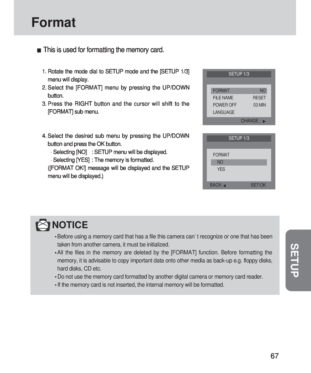 Samsung 420 manual Format, Setup, This is used for formatting the memory card 