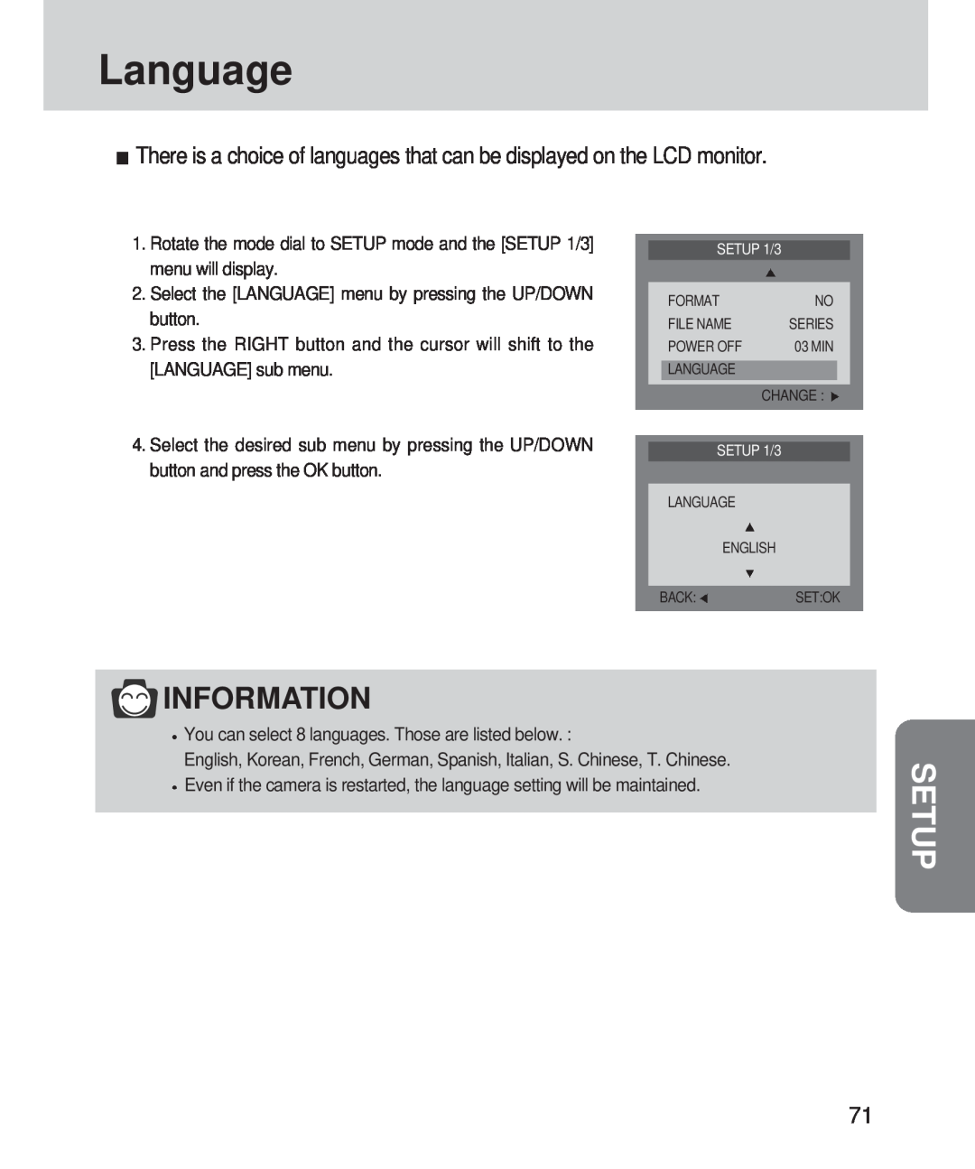 Samsung 420 manual Information, SETUP 1/3, Language, Setup 