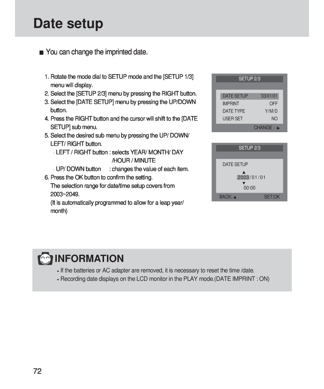 Samsung 420 manual Date setup, You can change the imprinted date, Information 
