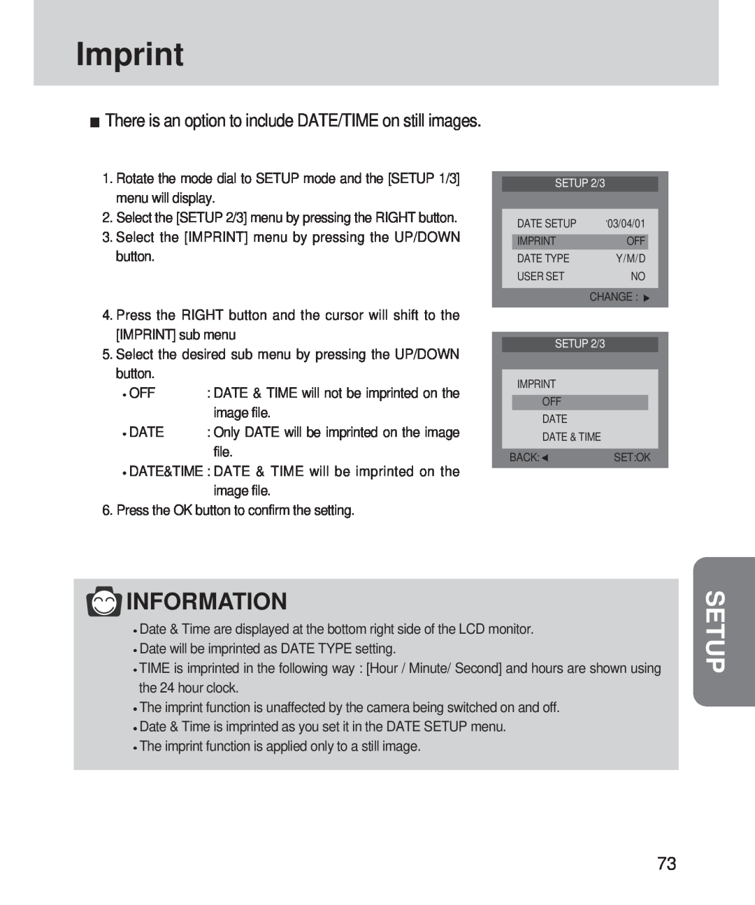 Samsung 420 manual Imprint, Setup, Information 
