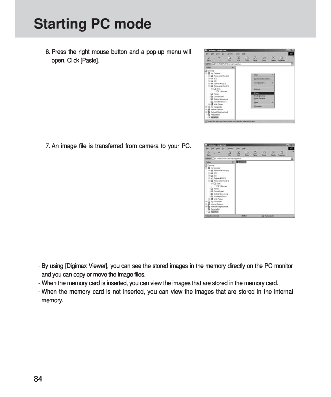 Samsung 420 manual Starting PC mode, An image file is transferred from camera to your PC 