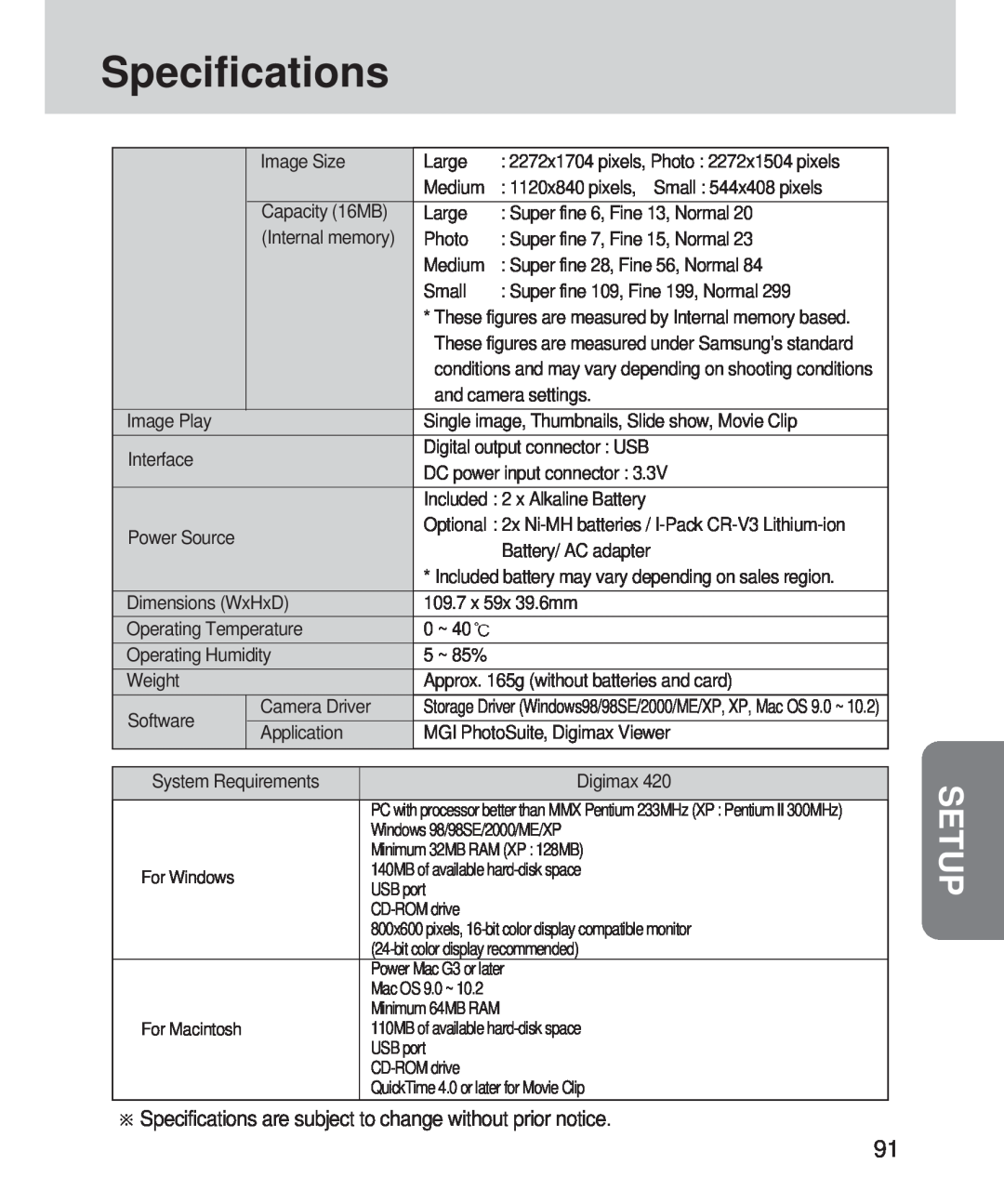 Samsung 420 manual Setup, Specifications are subject to change without prior notice 
