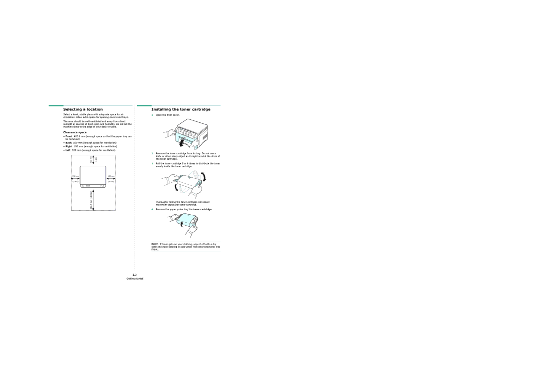 Samsung 4200 manual Selecting a location, Installing the toner cartridge 