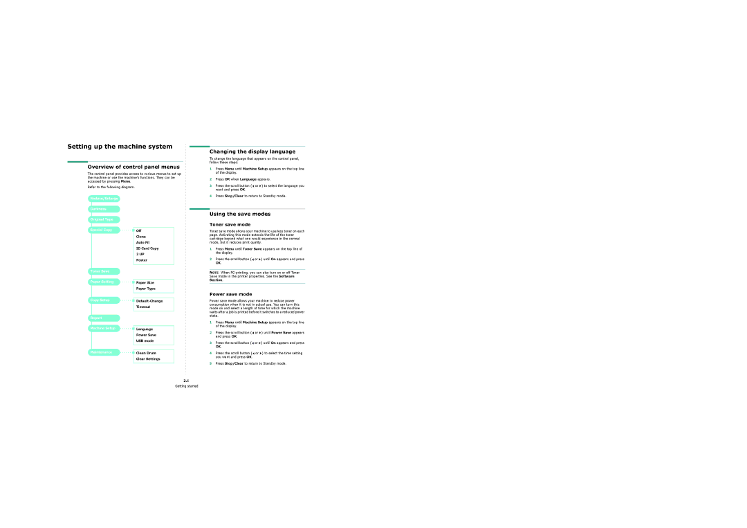 Samsung 4200 manual Overview of control panel menus, Changing the display language, Using the save modes, Toner save mode 