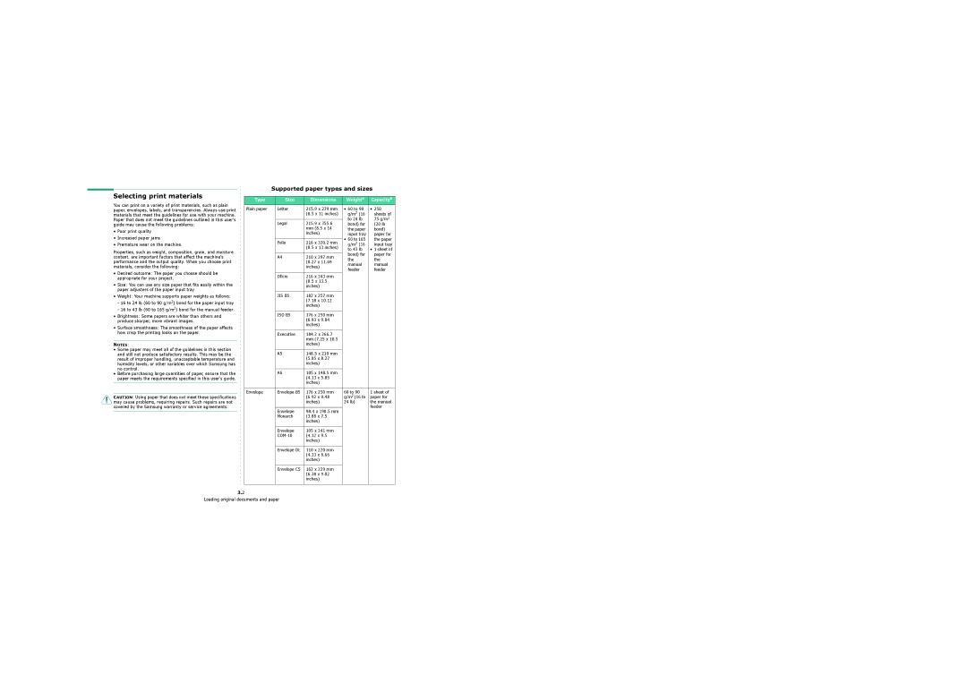 Samsung 4200 manual Selecting print materials, Supported paper types and sizes, Type Size Dimensions Weighta 