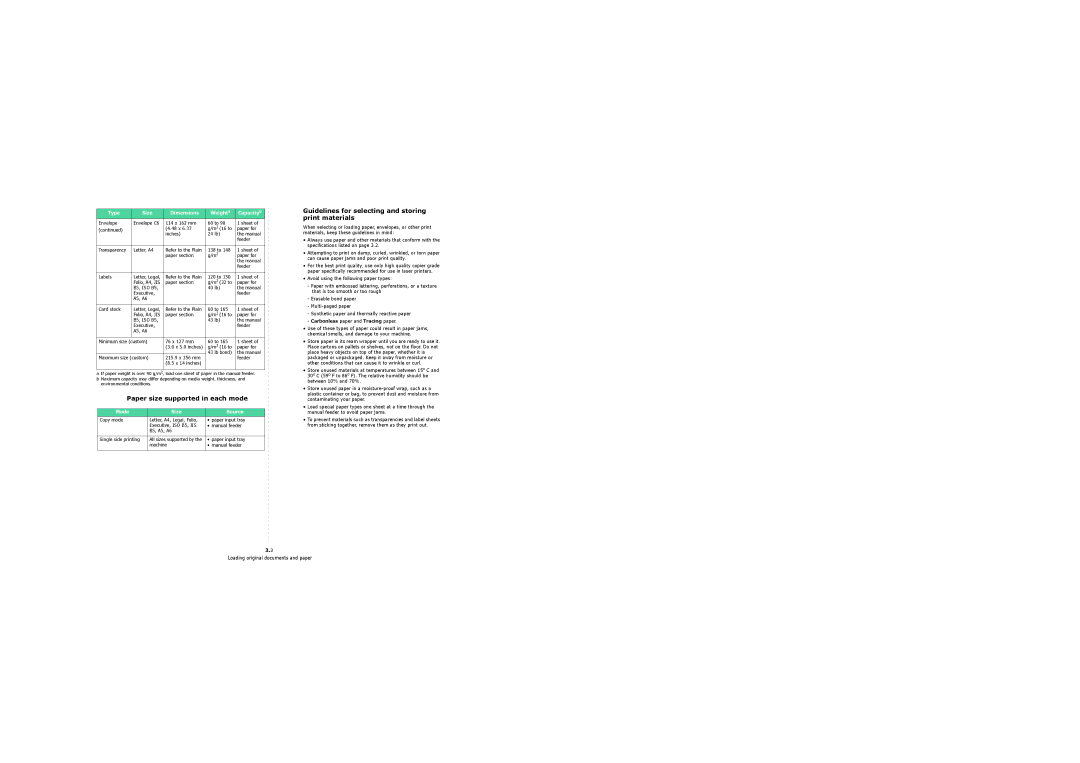 Samsung 4200 Paper size supported in each mode, Guidelines for selecting and storing print materials, Mode Size Source 