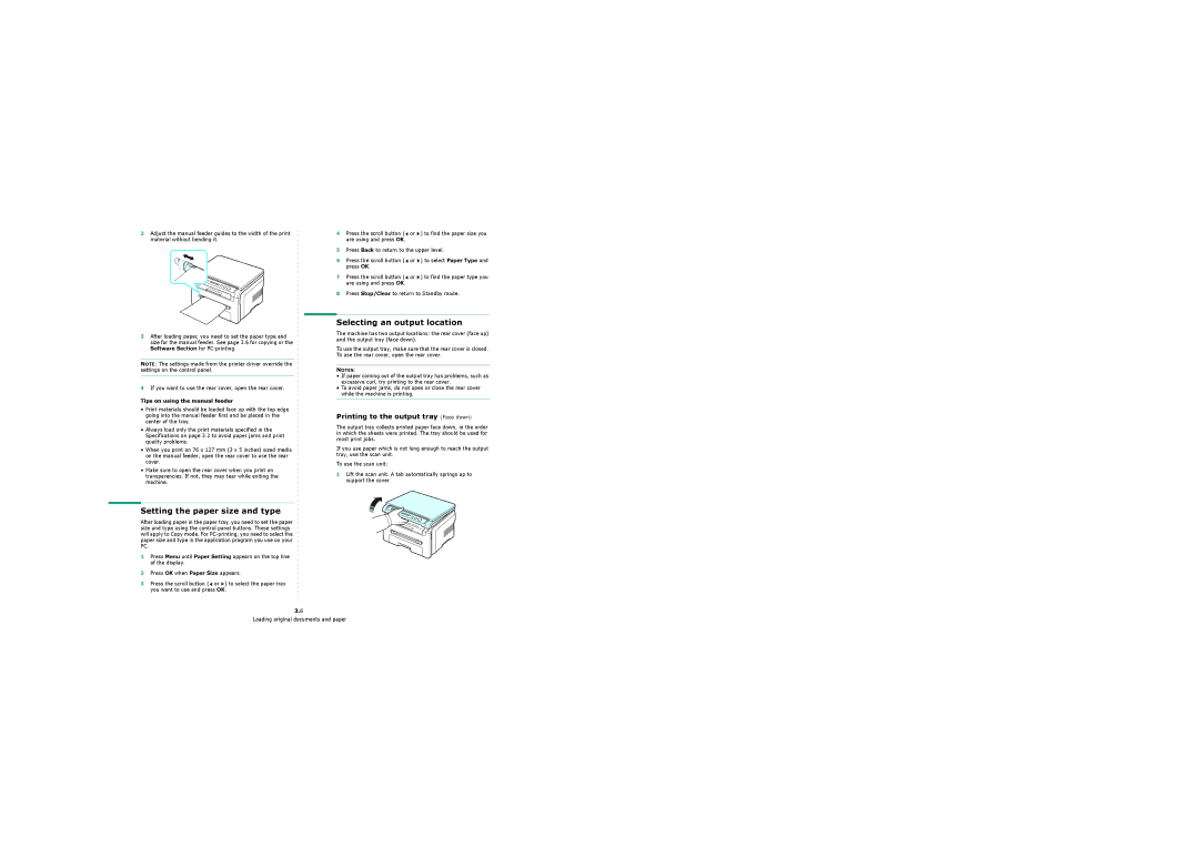 Samsung 4200 manual Selecting an output location, Setting the paper size and type, Printing to the output tray Face down 