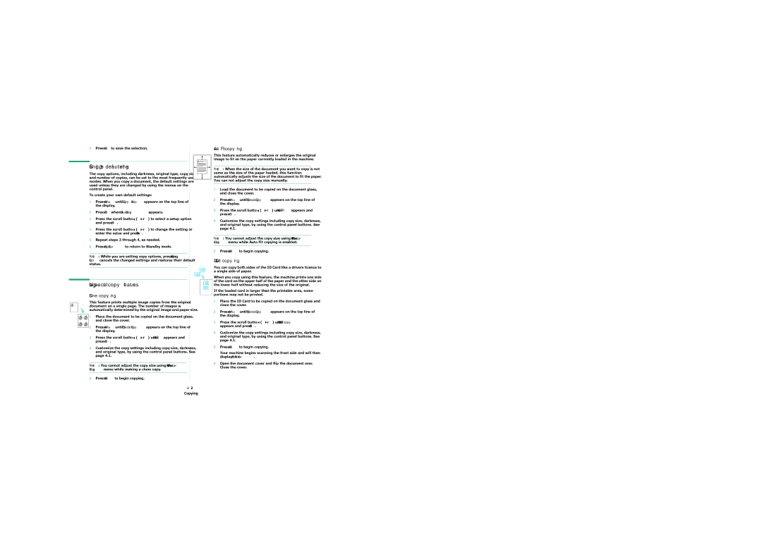 Samsung 4200 Changing the default settings, Using special copy features, Auto Fit copying, ID Card copying, Clone copying 