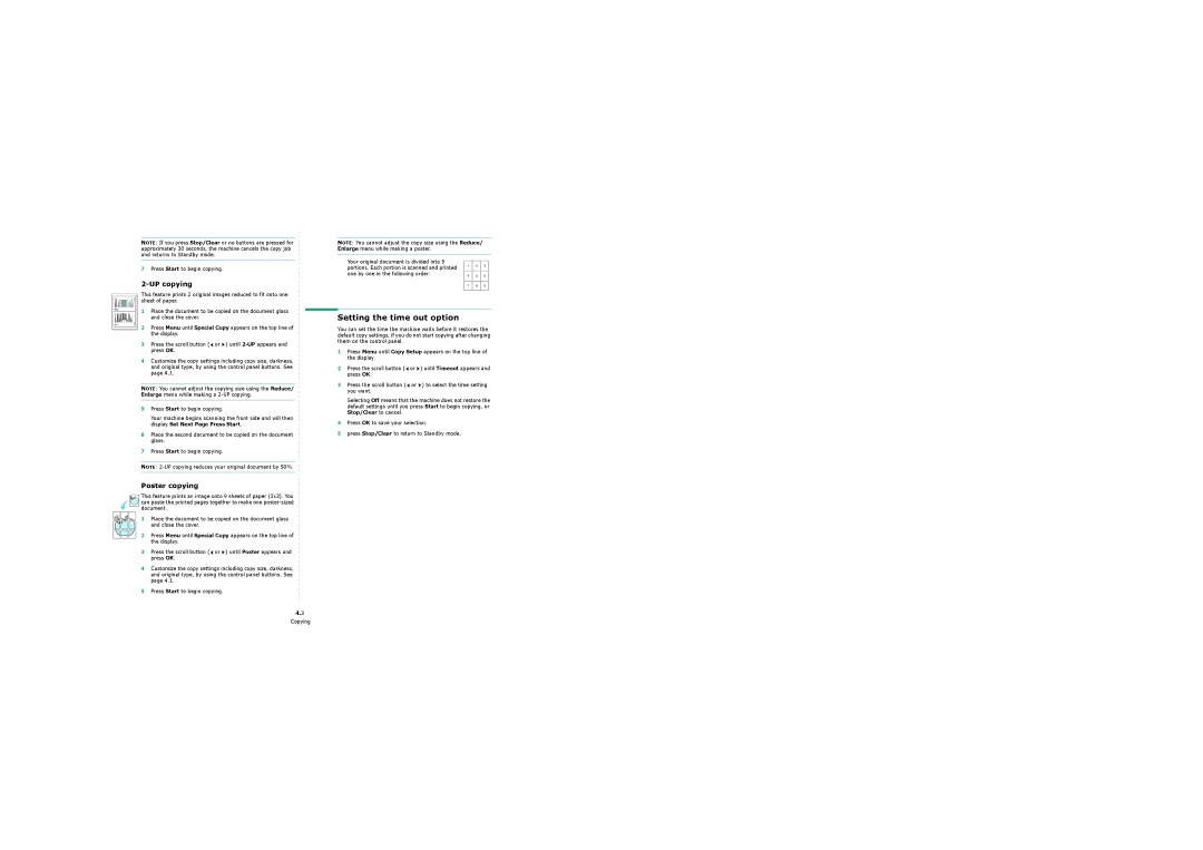 Samsung 4200 manual Setting the time out option, UP copying, Poster copying 