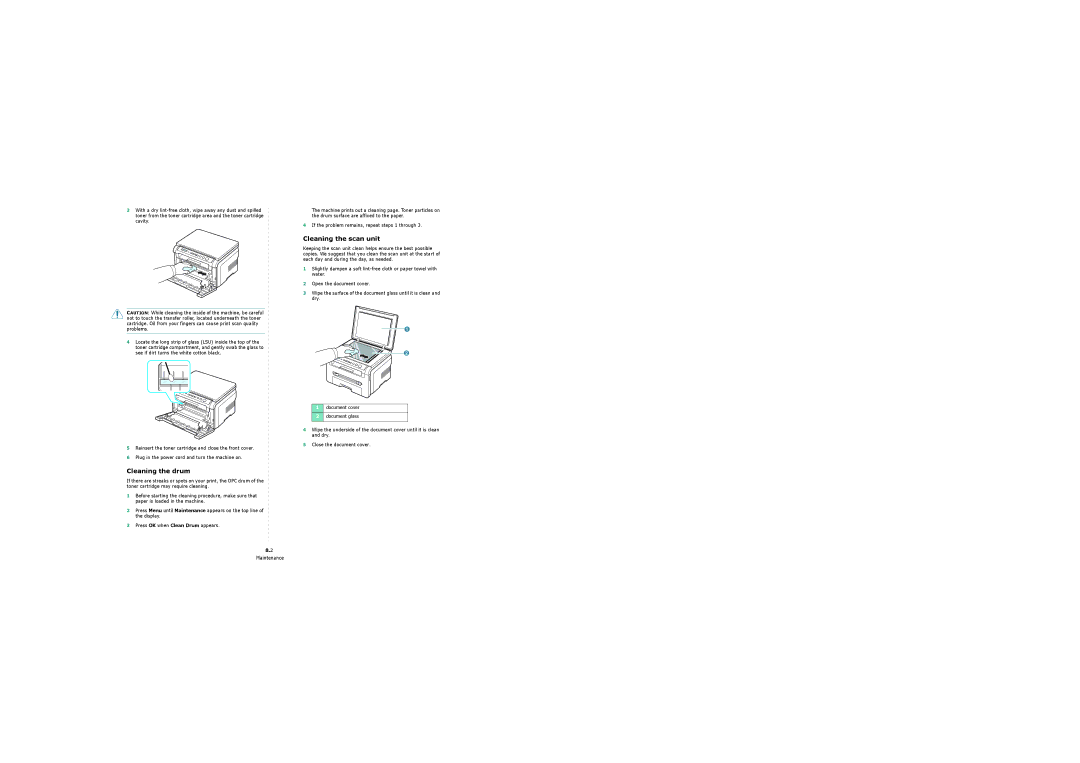 Samsung 4200 manual Cleaning the drum, Cleaning the scan unit, If the problem remains, repeat steps 1 through 