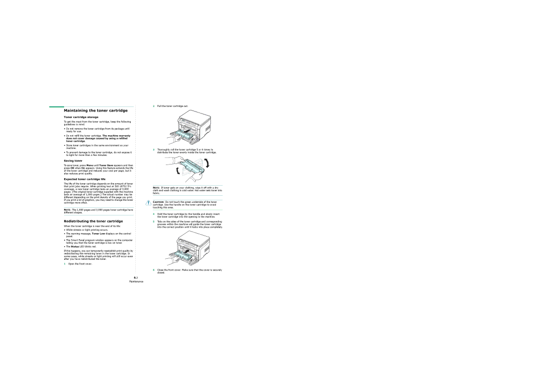 Samsung 4200 manual Maintaining the toner cartridge, Redistributing the toner cartridge, Status LED blinks red 