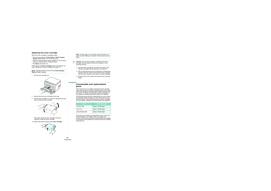 Samsung 4200 manual Consumable and replacement parts, Replacing the toner cartridge, Items Yield Average 