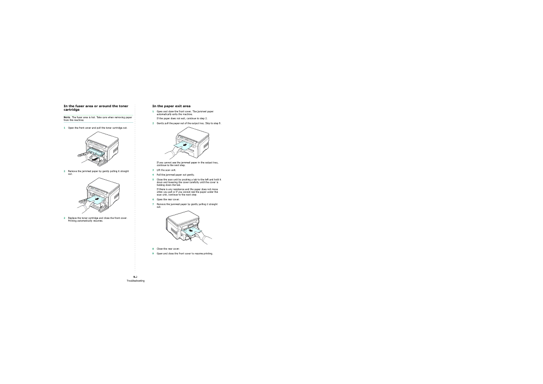 Samsung 4200 manual Fuser area or around the toner cartridge, Paper exit area 