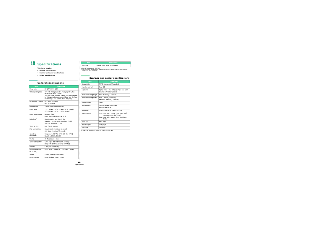 Samsung 4200 manual Specifications, General specifications, Scanner and copier specifications, 10.1 