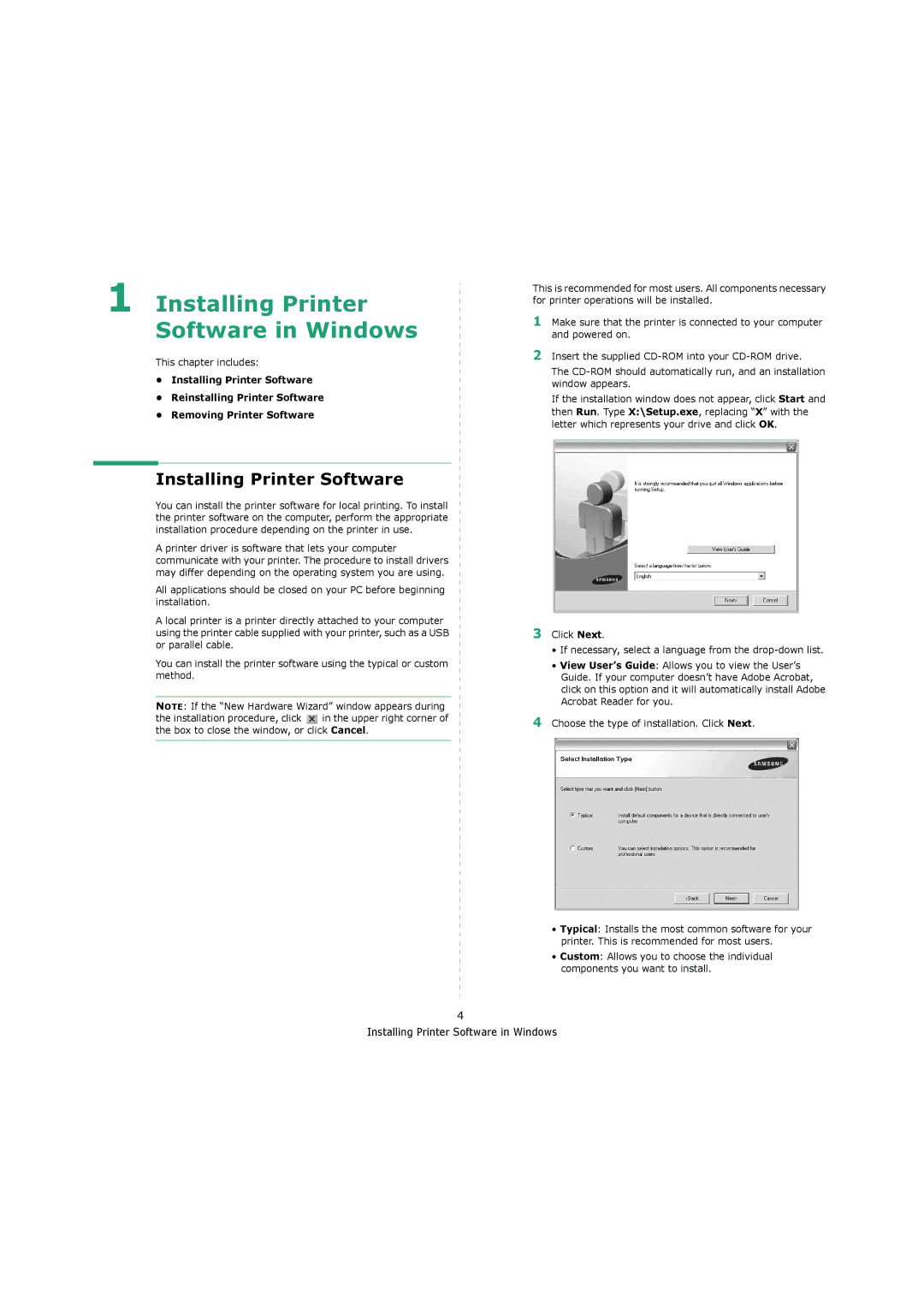 Samsung 4200 manual Installing Printer Software in Windows 