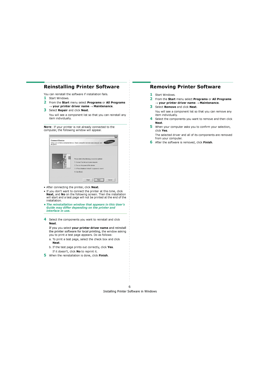 Samsung 4200 manual Reinstalling Printer Software, Removing Printer Software 