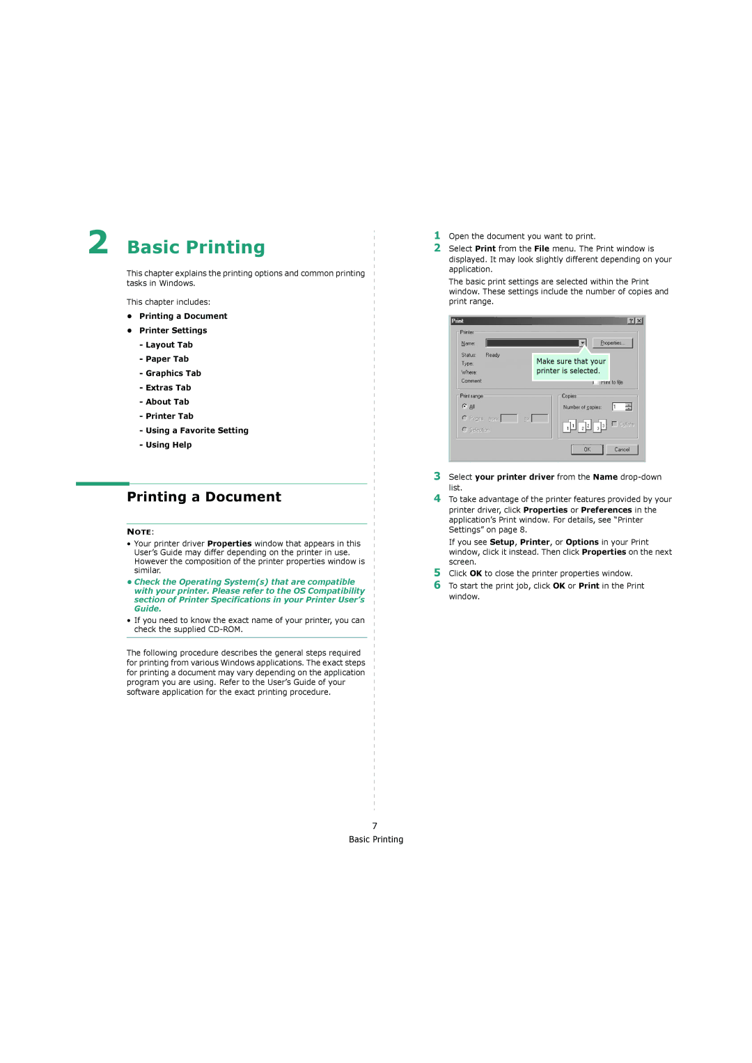 Samsung 4200 manual Printing a Document, Select your printer driver from the Name drop-down list 