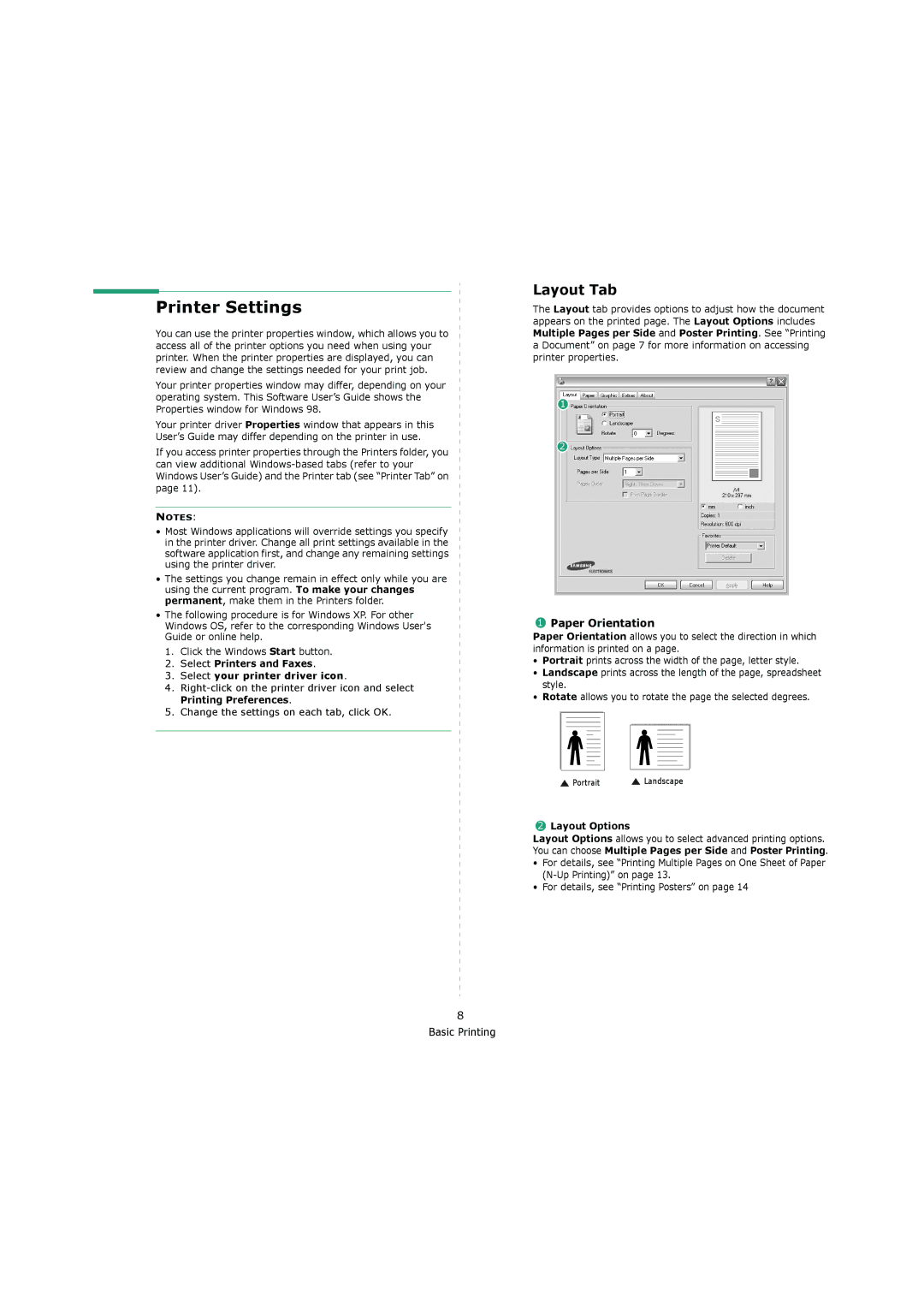 Samsung 4200 Printer Settings, Layout Tab, Paper Orientation, Select Printers and Faxes Select your printer driver icon 