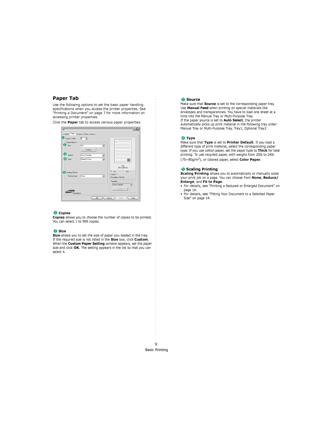 Samsung 4200 manual Paper Tab, Source, Scaling Printing 