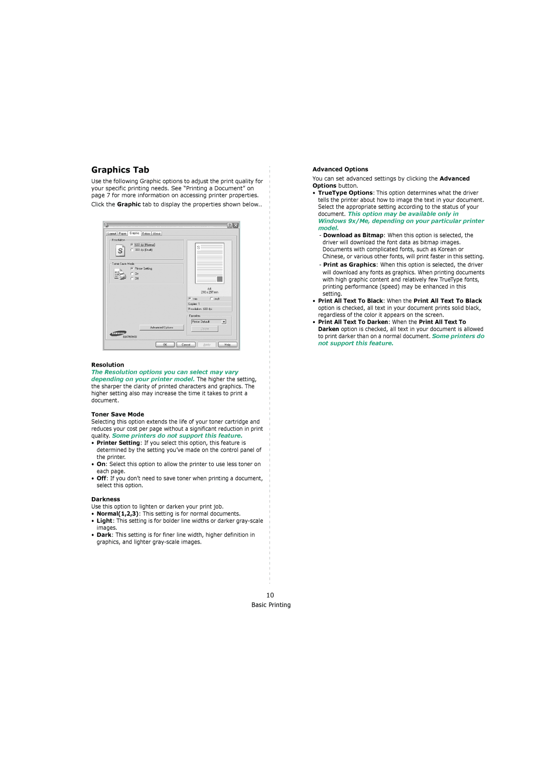 Samsung 4200 manual Graphics Tab, Resolution, Toner Save Mode, Darkness, Advanced Options 