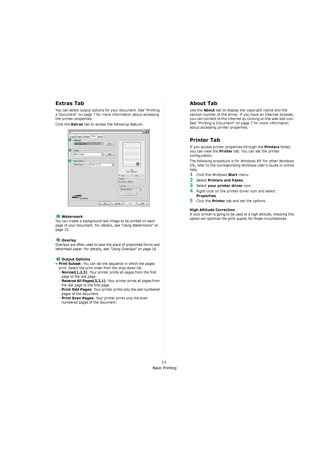 Samsung 4200 manual Extras Tab, About Tab, Printer Tab 