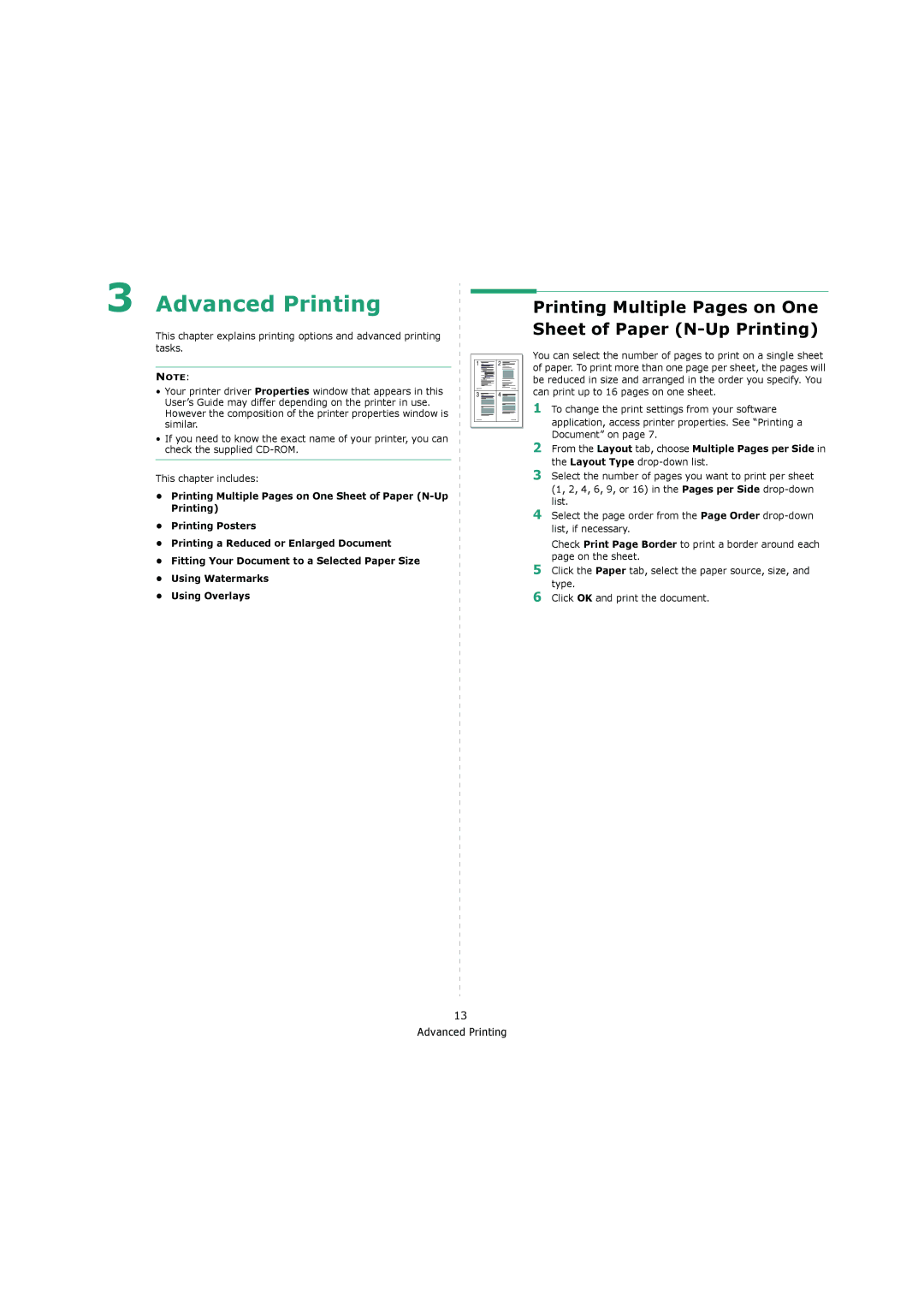 Samsung 4200 manual Advanced Printing, Printing Multiple Pages on One Sheet of Paper N-Up Printing 