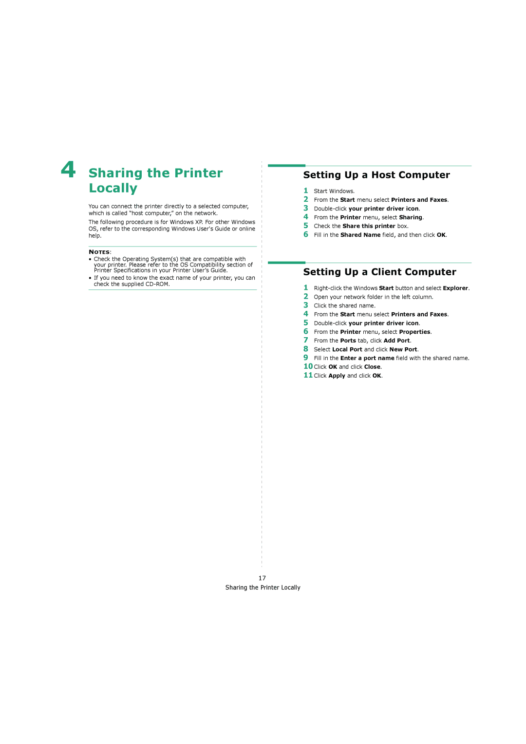 Samsung 4200 manual Setting Up a Host Computer, Setting Up a Client Computer, Check the Share this printer box 