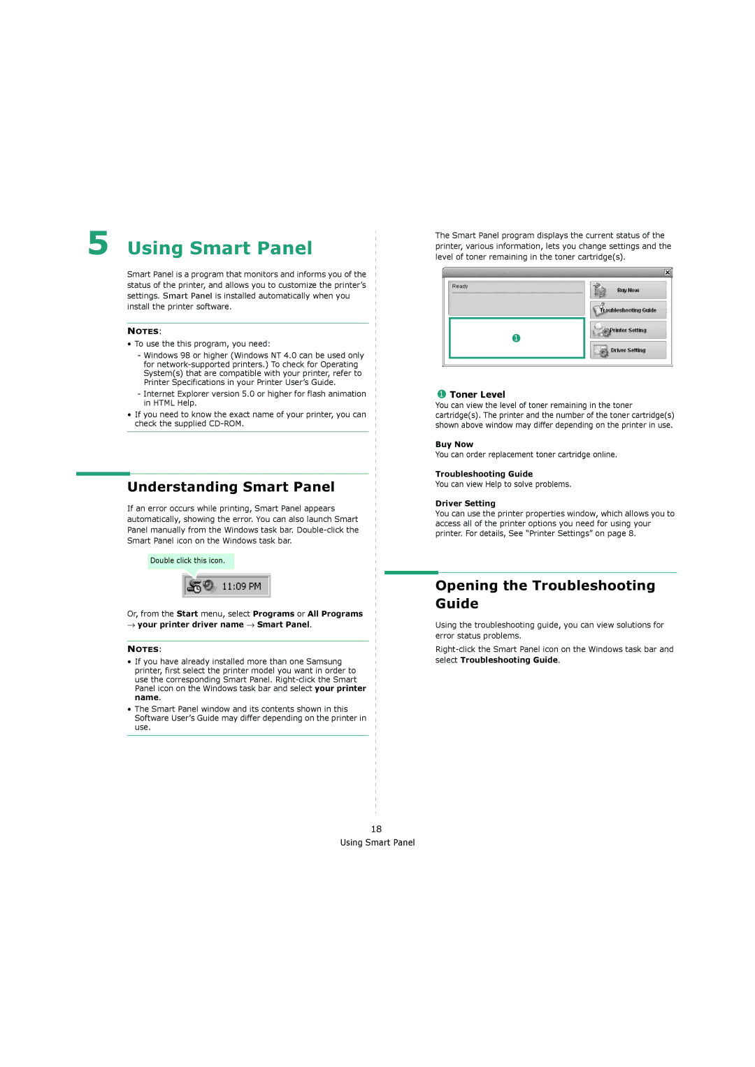 Samsung 4200 manual Understanding Smart Panel, Opening the Troubleshooting Guide, Toner Level 