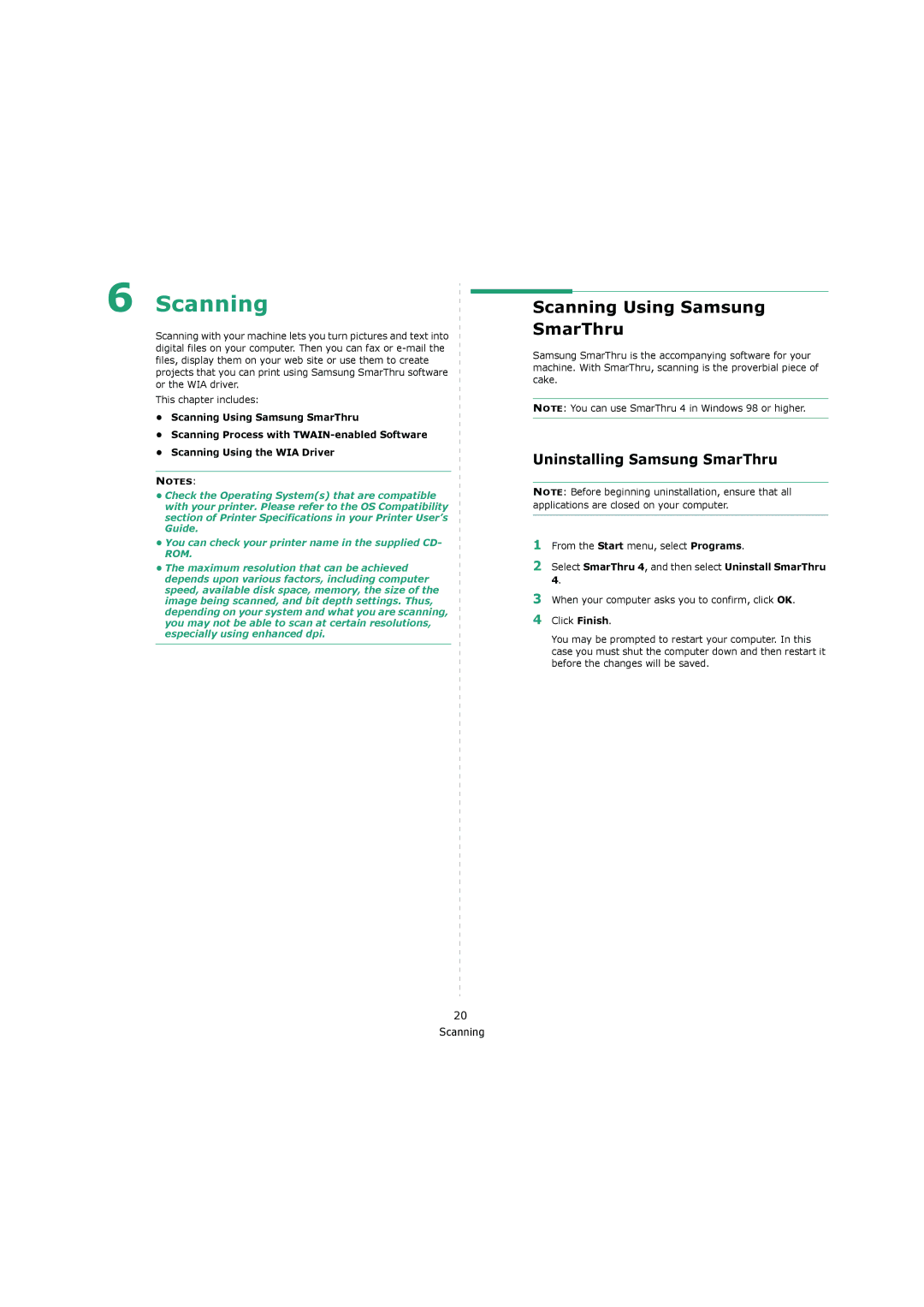 Samsung 4200 manual Scanning Using Samsung SmarThru, Uninstalling Samsung SmarThru 