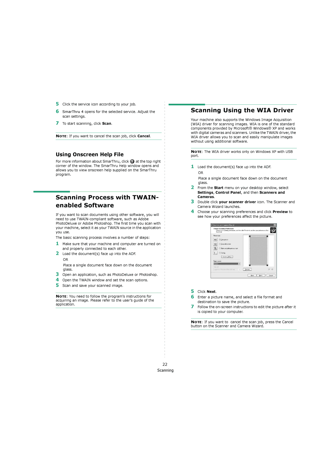 Samsung 4200 manual Scanning Process with TWAIN- enabled Software, Scanning Using the WIA Driver, Using Onscreen Help File 