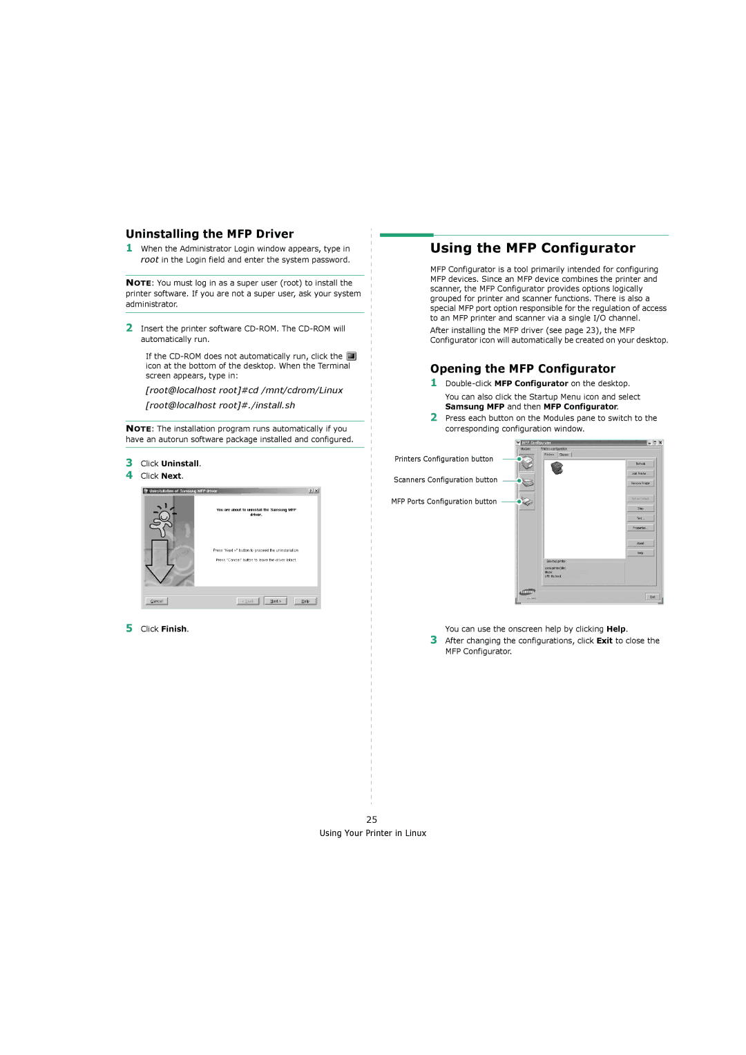 Samsung 4200 manual Using the MFP Configurator, Uninstalling the MFP Driver, Opening the MFP Configurator, Click Uninstall 