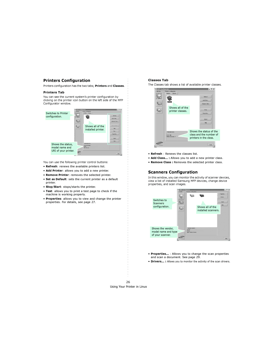 Samsung 4200 manual Printers Configuration, Scanners Configuration, Printers Tab, Classes Tab 