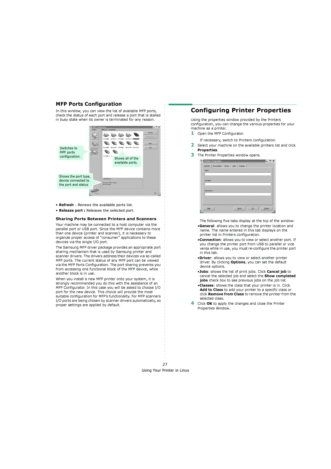 Samsung 4200 manual Configuring Printer Properties, MFP Ports Configuration, Sharing Ports Between Printers and Scanners 