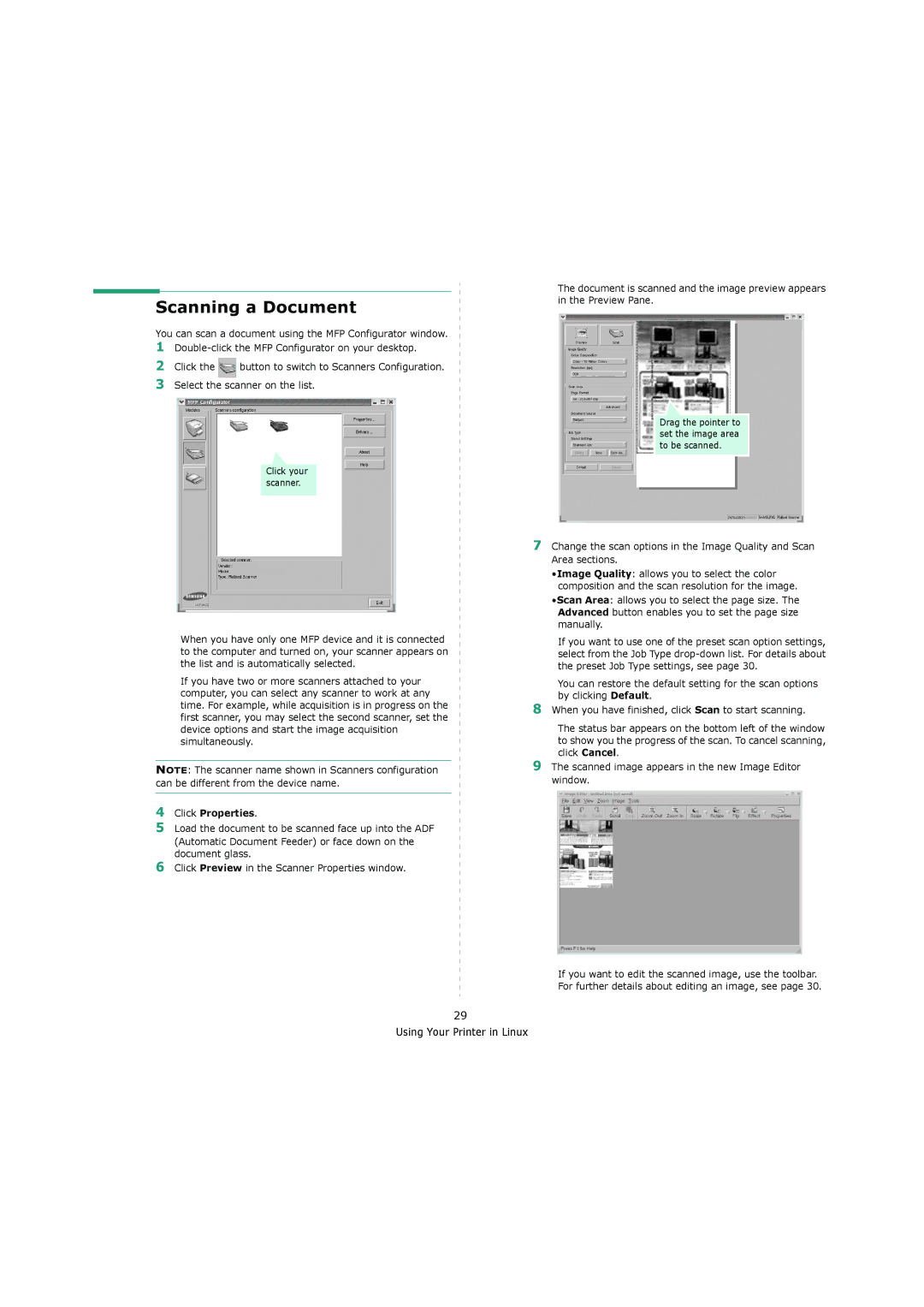 Samsung 4200 manual Scanning a Document, Click Properties, Click your scanner 