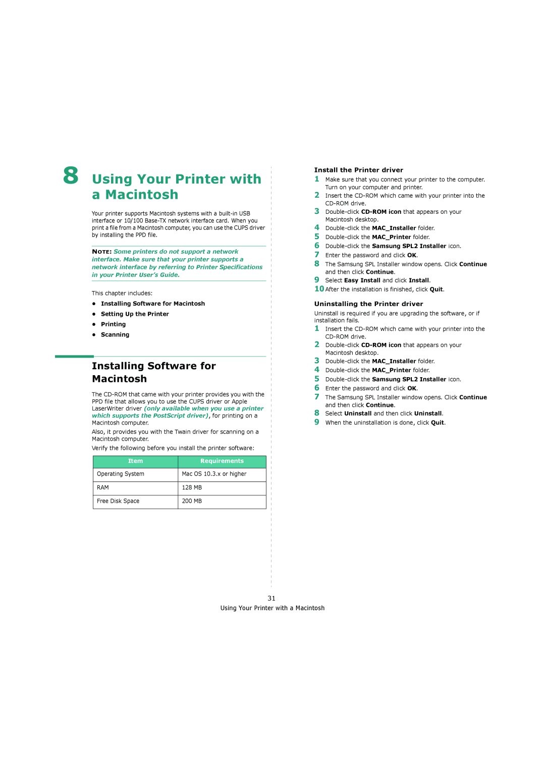 Samsung 4200 manual Installing Software for Macintosh, Install the Printer driver, Uninstalling the Printer driver 