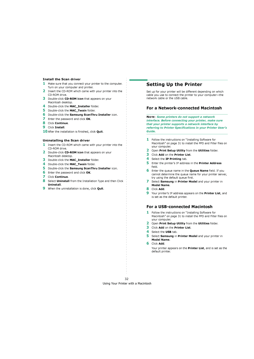 Samsung 4200 manual Setting Up the Printer, For a Network-connected Macintosh, For a USB-connected Macintosh 