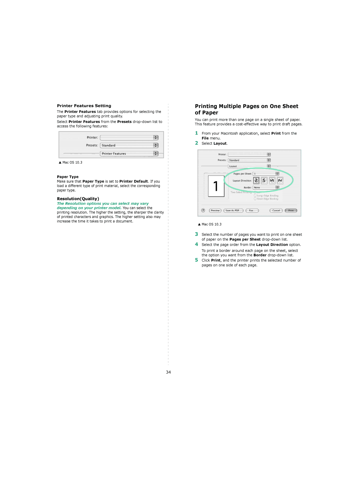 Samsung 4200 manual Printing Multiple Pages on One Sheet of Paper, Printer Features Setting, ResolutionQuality, Paper Type 